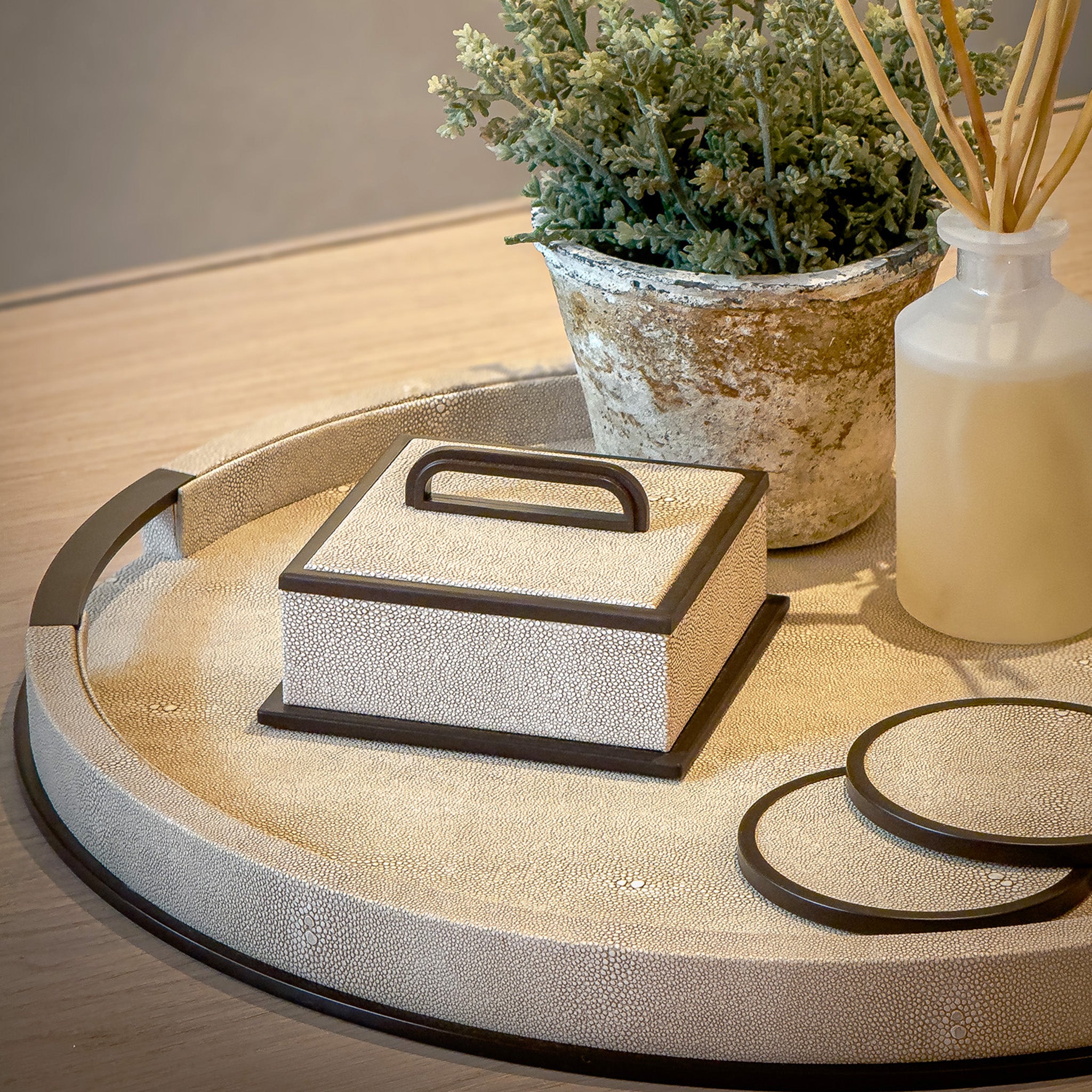 Sophie Paterson Faux Shagreen Round Tray in Ecru and Brushed Bronze
